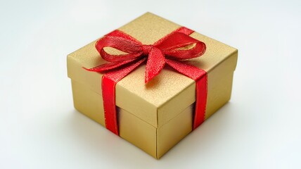Obraz premium Golden gift box with red ribbon bow, symbolizing luxury and celebration 