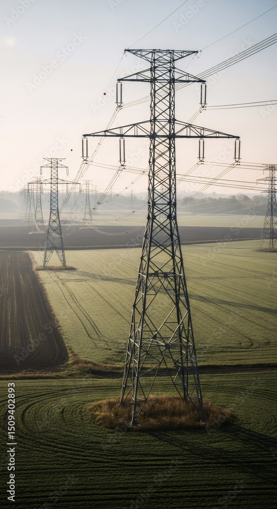 Poster power line electricity towers in field with overhead transmission grid. electrical energy distributi