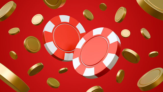 Red poker chips or tokens with flying coins on red background. Online game, bet or casino concept. Casino game of chance with money prizes. Gambling lottery or raffle online entertainment.