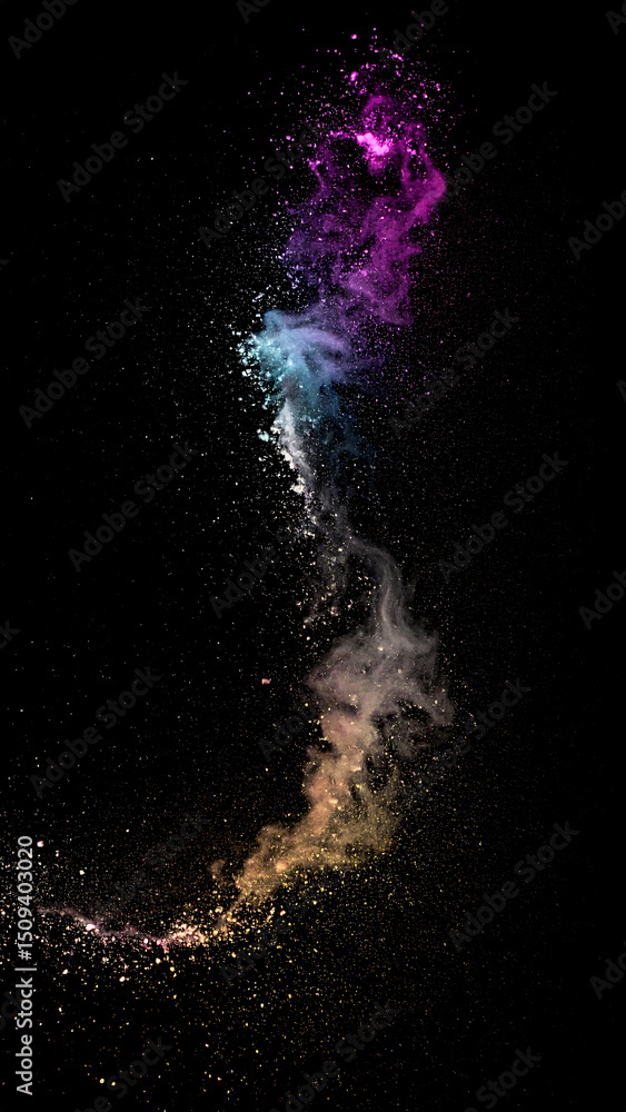 Poster abstract explosion of colorful pigment dust against a black backdrop. great for cosmic concepts, cre