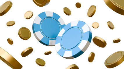 Blue poker chips or tokens with flying coins on isolated background. Online game, bet or casino concept. Casino game of chance with money prizes. Gambling lottery or raffle online entertainment.