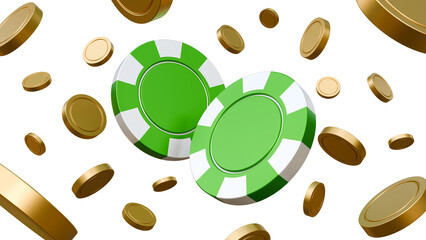 Green poker chips or tokens with flying coins on isolated background. Online game, bet or casino concept. Casino game of chance with money prizes. Gambling lottery or raffle online entertainment.