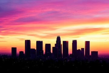 Los angeles skyline standing out against a vibrant sunset