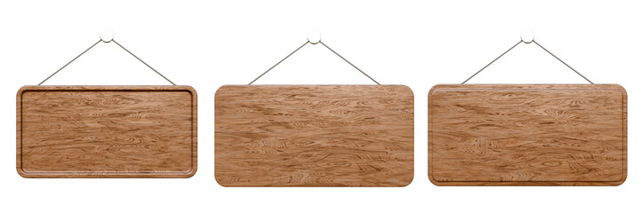 Set of wooden board signs with on a isolated background. Brown and beige stylish wooden plaques mounted with rope. Shop entrance labels for retail store front.