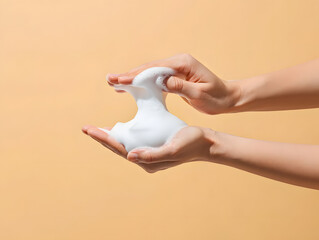 Hands holding white cleansing foam for skincare and hygiene routine
