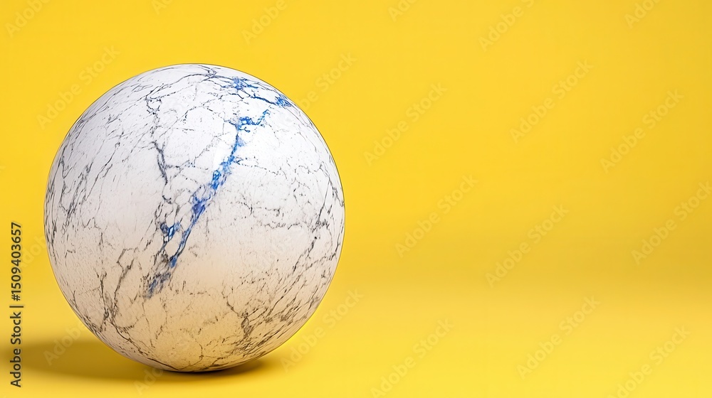 Fototapete Abstract 3D rendering of a white sphere with blue and black pixelated lines against a yellow background. The sphere has a textured surface, with the
