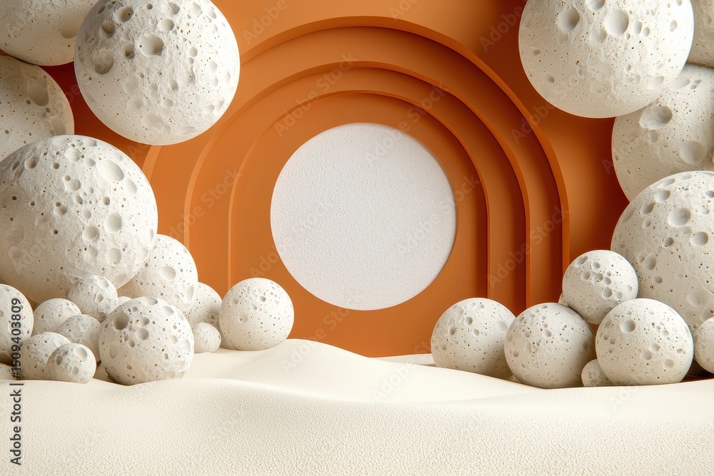 Fototapete abstract 3d rendering of white textured spheres scattered on sand before an orange archway. a large 