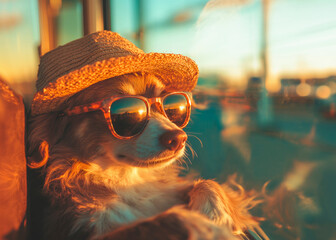 Cute dog wearing sunglasses and hat ready for summer vacation. Funny vacation and travel concept – Generative AI