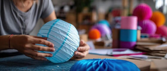 Unrecognizable adult woman crafting blue paper lantern indoors, preparing colorful decorations for festive event Concept of handmade, creativity, and party