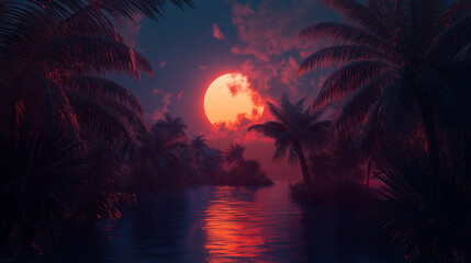 Obraz premium A serene view of the sea and palm trees at sunset, with reddish hues reflecting off the water and silhouetted palms swaying gently.