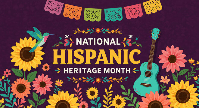 National Hispanic Heritage Month Celebration Vector Illustration with Papel Picado, Flowers & Guitar - Powered by Adobe