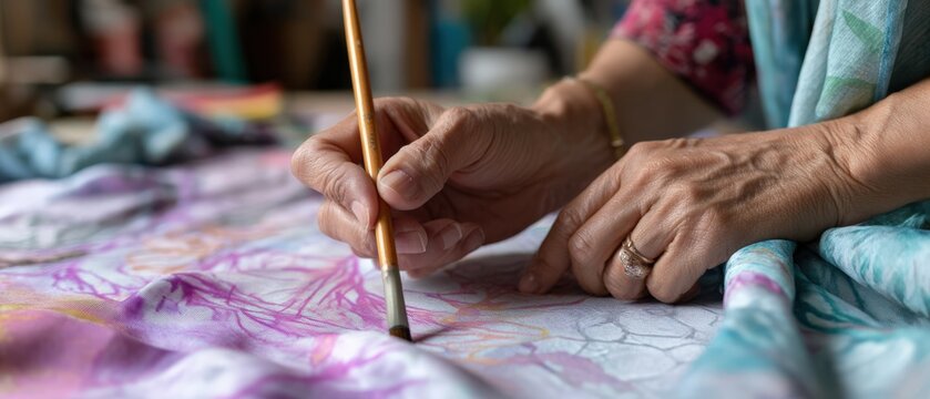 Senior womans hands painting silk fabric with brush indoors, creating colorful abstract design Concept of art therapy, creative hobby, and textile design