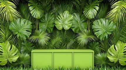 Lime green display podium set against a lush backdrop of vibrant green tropical leaves and grass. Ideal for product showcasing or presentations