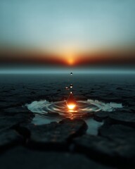 water drops on sunset over the dried ground 