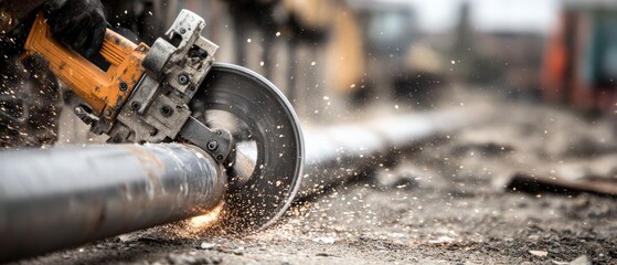 Construction worker cutting metal pipe with abrasive saw, creating sparks at outdoor construction site Concept of industrial work, metalworking, and manual labor