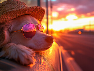 Cute dog in sunglasses and hat ready for summer vacation. Funny vacation and travel concept – Generative AI
