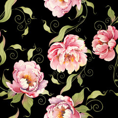 Seamless pattern with beautiful pink peony flowers. Watercolor hand-painted botanical design perfect for fabric, wallpaper, and packaging.