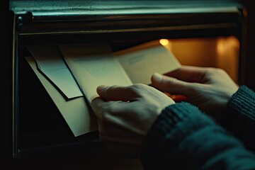 Hands retrieve letter from metal box in dark interior, lit from the back