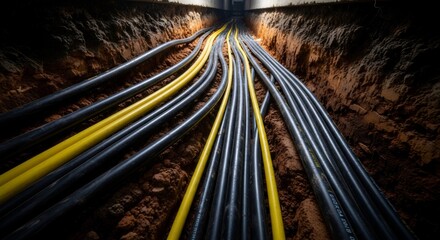 Underground electrical cables laid in a trench. Power lines for city electrical network development and infrastructure.