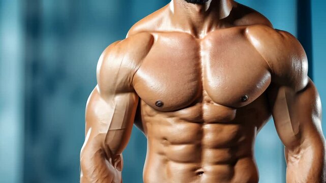 Chiseled Physique: A gleaming muscular torso showcases peak physical fitness and dedication to bodybuilding, highlighting the power of strength and sculpted form.