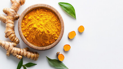 Golden Spice: Top View of Turmeric Powder on White Background

