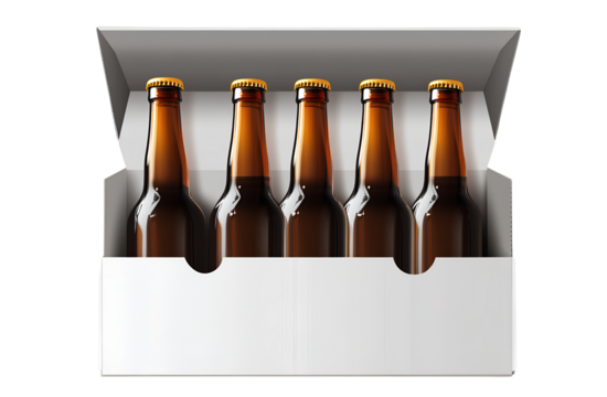  A six-pack of beer in a white cardboard box, isolated on a transparent background. PNG file.