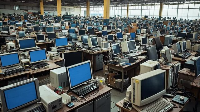Obsolete computers in a large warehouse.  Many desks filled with old PCs