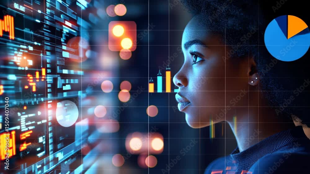 Poster data analyst at work: a focused woman analyzes complex data visualizations on a digital screen, embo