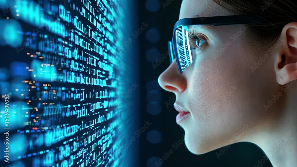 Poster digital gaze: a woman with glasses intently observes a screen displaying intricate digital code, sug