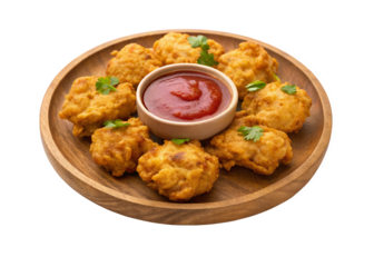 Pakora plate with dipping sauce on wooden plate isolated on transparent backgroun.