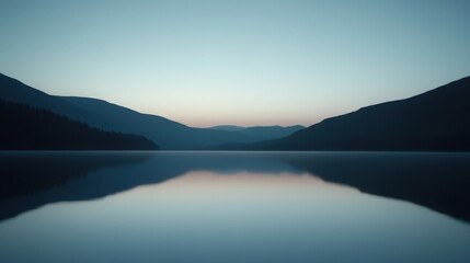 Calm lake at sunrise reflects mountains and sky, creating a tranquil scene with soft colors and serene nature vibes.