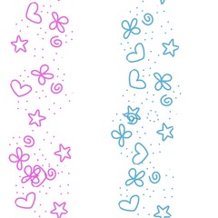 Seamless pattern on a white background, pink blue hearts, stars, flowers