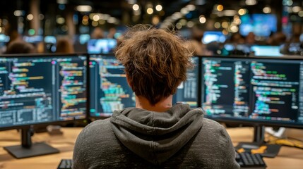 Programmer Focused on Coding with Multiple Monitors in a Modern Workspace
