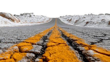 Winter road with yellow line through snowy landscape isolated on transparent background, offering a scenic view of nature's beauty