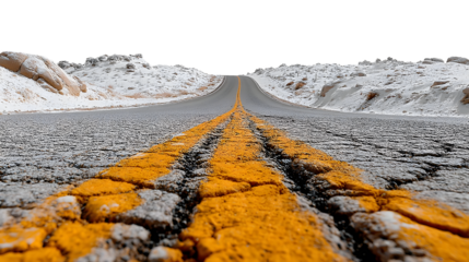 Winter road with yellow line through snowy landscape isolated on transparent background, offering a scenic view of nature's beauty