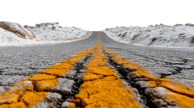 Winter road with yellow line through snowy landscape isolated on transparent background, offering a scenic view of nature's beauty