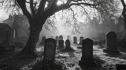 Mysterious graveyard at dusk with old gravestones and a looming tree casting shadows in a haunting black and white scene.