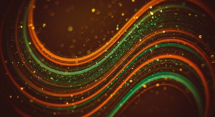 Abstract composition with wavy orange and green lines on a dark backdrop, illuminated by shimmering particles, creating a feeling of movement and energy.