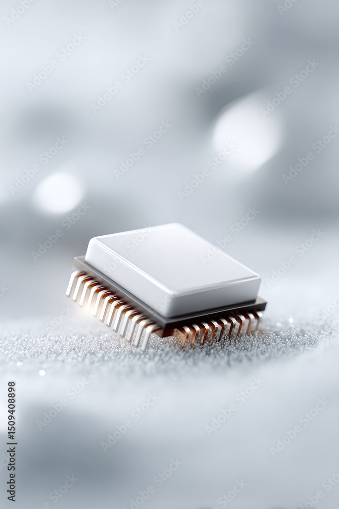 Poster closeup of a microchip resting on a shimmering surface. a minimalist, hightech aesthetic evokes conc
