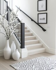 Elegant stairs feature black railing, white vases and framed artwork