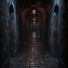 Arched brick hallway illuminated by lamps, disappearing into distant darkness