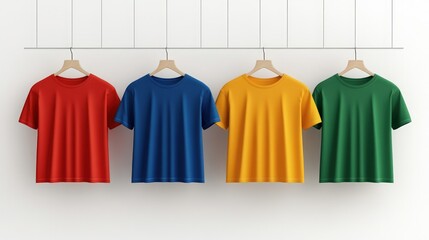 Four colorful t shirts, red, blue, yellow and green, hanging on wooden hangers on white background