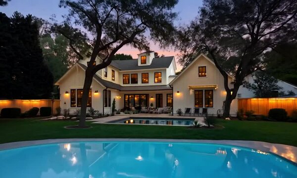 Texas home backyard with swimming pool trees