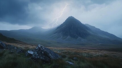 Naklejka premium Dramatic Mountain Landscape with Lightning and Dark Clouds