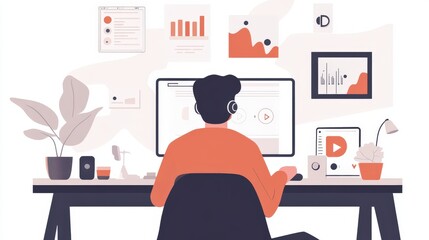 Person seated at a computer, surrounded by graphic elements and workspace items.