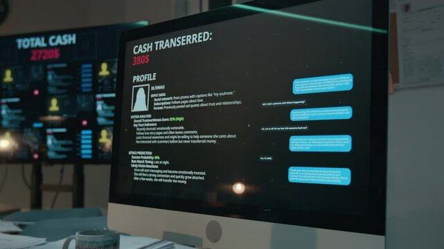 No people closeup of computer screen displaying victim profile with behavior notes, and running chat with fraudsters duping target into giving access code, and stealing money from bank account