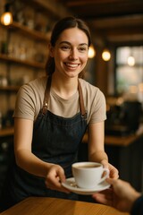 Waitress Serving Coffee to Client in Cafe