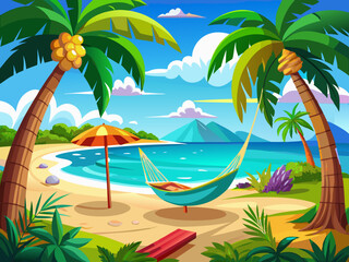 Obraz premium vector of A scene of a tropical beach with turquoise waters, virgin sand, and a hammock under a palm tree...