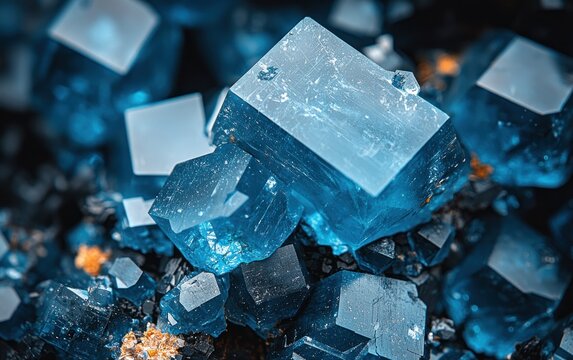 Blue crystals macro, stacked cubes, sharp edges