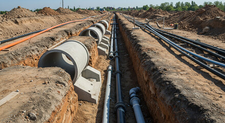 Construction site showing trenches with large concrete pipes and black pipes laid underground at daytime
